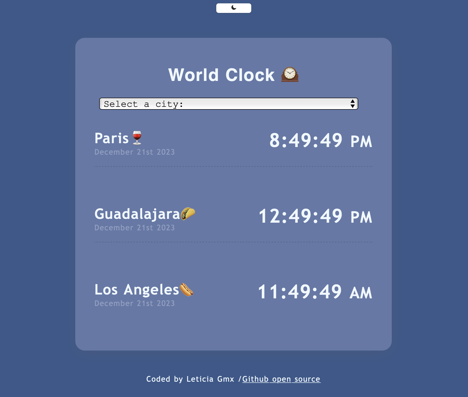 A screenshot of a world clock app that displays different countries.